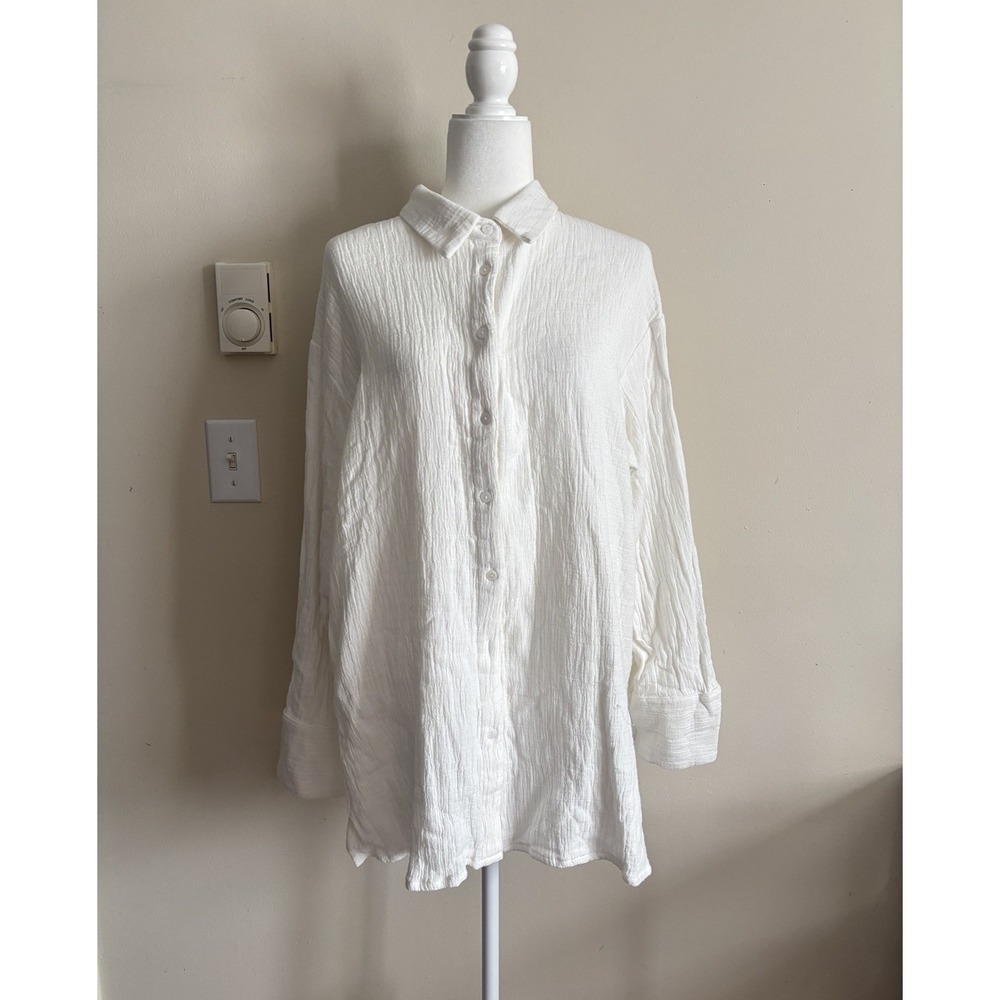 NWT Because of Alice‎ BOA. Womens Large Cotton Crinkle Oversized Blouse White